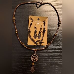 Hamsa & Lotus Flower Charm, All Copper Beaded Necklace, Bracelet & Earrings Set